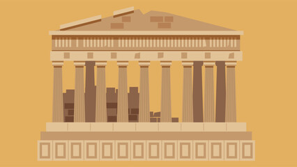 Fototapeta premium Stylized illustration of the Parthenon temple on an orange background. Ancient Greek architecture with iconic columns and triangular pediment in beige and brown tones.