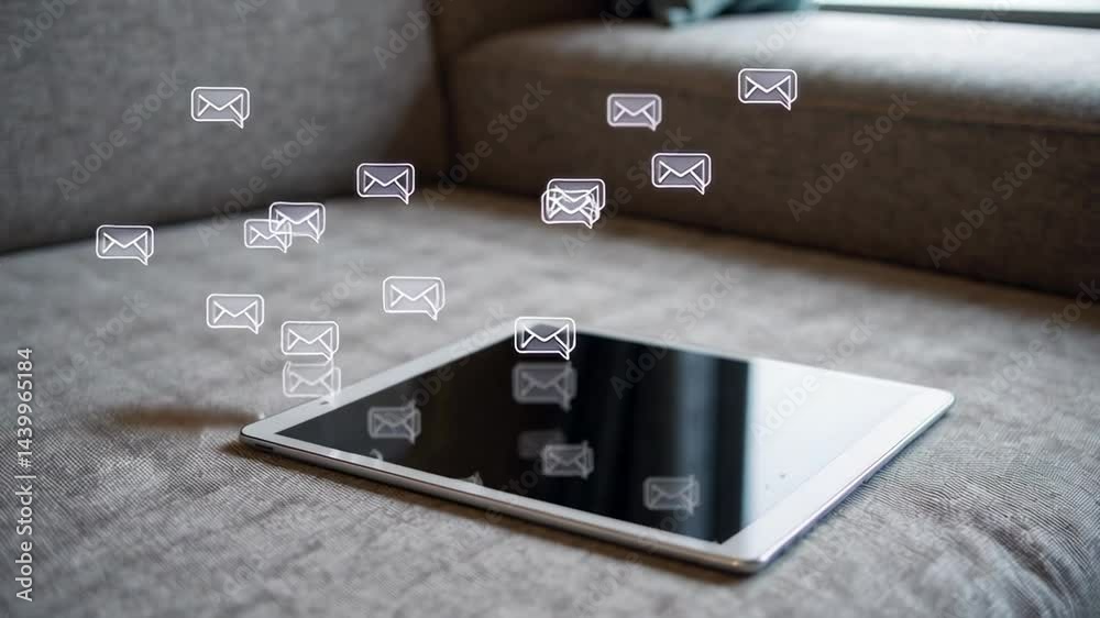 Aufkleber Email message icons accumulating above a digital tablet lying on a sofa, symbolizing increasing online communication and potential notification overload