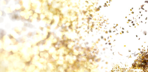 Abstract background with gold glitter and star confetti. Festive, celebratory, luxurious.