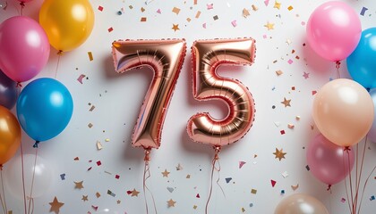 balloon in a shape of number 75 on white background with balloons for birthday celebration.