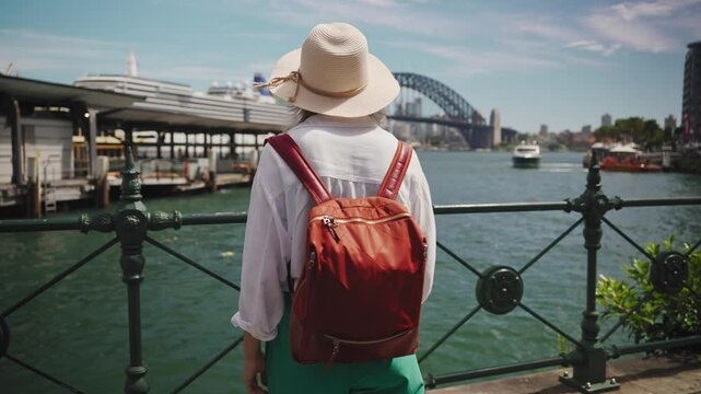 A female tourist stands in Sydney s city center with the iconic Harbour Bridge and sparkling bay as her backdrop. Smiling near the ferry wharf, she embodies summer joy in Australia
