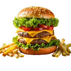 Gourmet burger with fresh lettuce juicy patty cherry tomato fries and tangy dipping sauce for perfect dining experience