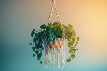 A lush Peperomia plant hangs in a beautiful macrame planter against a soft, gradient background.