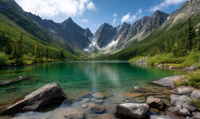 Fototapeta premium Pristine alpine lake nestled amongst towering peaks, clear water reflecting sky and clouds, tranquil mountain scene, possible use for travel brochure or nature calendar