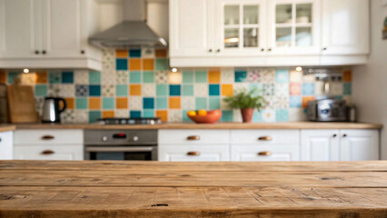 Fototapeta premium The image foregrounds a textured wooden tabletop, behind which a blurred but vibrant kitchen scene unfolds with white cabinetry and a multi-colored backsplash