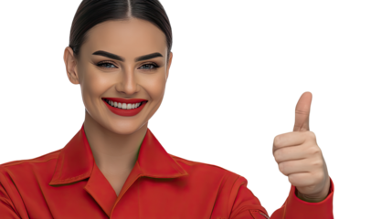 Thumbs Up of Approval: A captivating woman with a radiant smile and vibrant red lipstick gives a "thumbs up," expressing her positive sentiment.