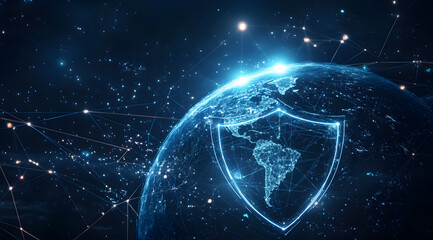 Digital shield protecting the Earth.  Cybersecurity concept.