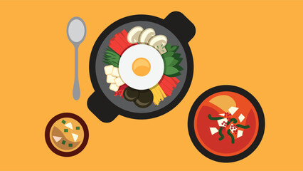 Stylized illustration of Korean cuisine on an orange background. Features bibimbap in a stone pot with fried egg, vegetables, and tofu, accompanied by tomato soup and miso soup in smaller bowls.