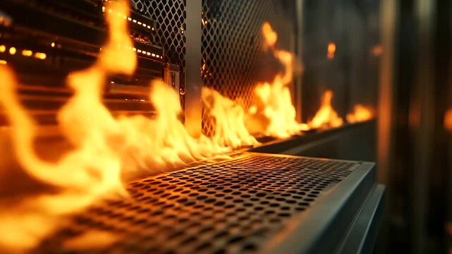 Close-up of a server rack caught in a blaze inside a data center, with flames licking the equipment. The fire&rsquo;s intense heat threatens to destroy crucial hardware, and swift action