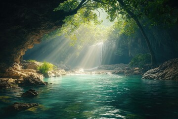 Sunbeams illuminate a hidden waterfall cascading into a tranquil turquoise pool nestled within a lush, verdant cave.