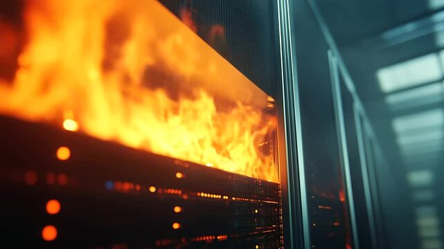 Close-up of a server rack on fire inside a data center, flames burning fiercely. The smoke is thick and overwhelming, making it clear that the situation calls for immediate emergen