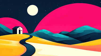 Obraz premium A captivating illustration invites you on an adventurous journey, featu a house and winding path under a vibrant moon with copy space in the mountains.