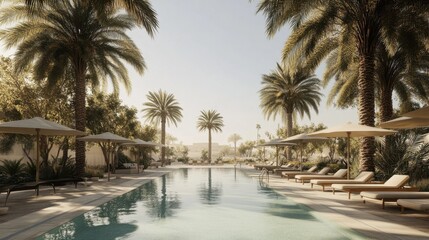 Fototapeta premium Resort swimming pool surrounded by palm trees and sun loungers under clear skies