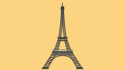 Stylized illustration of the Eiffel Tower on a golden yellow background. The iconic Parisian landmark is depicted in dark gray silhouette with detailed lattice structure and observation decks.