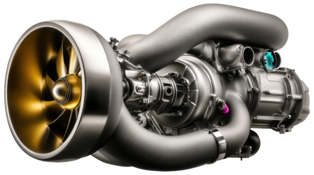 Mechanical Marvel: A detailed view of a gleaming, state-of-the-art jet engine, showcasing intricate design and powerful engineering, a testament to technological advancement.