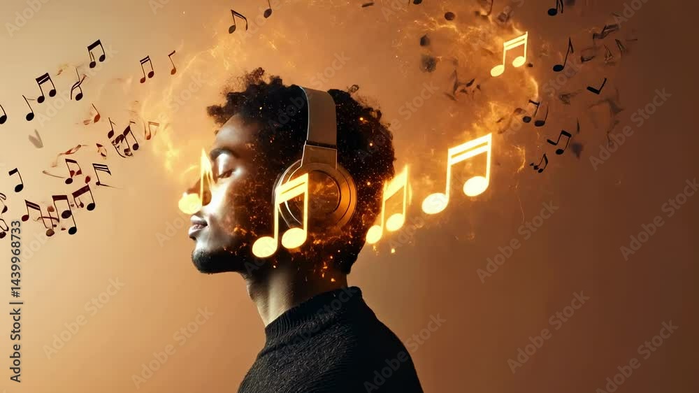 Poster musical notes and sparks emanate from the headphones of a young man with closed eyes, immersed in th