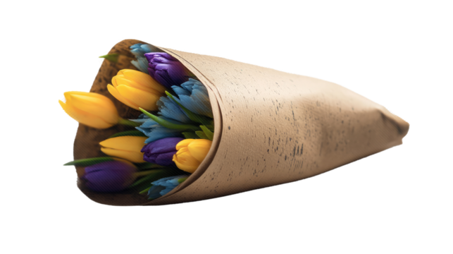Vibrant Floral Delight: A visually stunning bouquet of yellow, purple, and blue tulips, exquisitely wrapped, symbolizing beauty and the joy of giving.