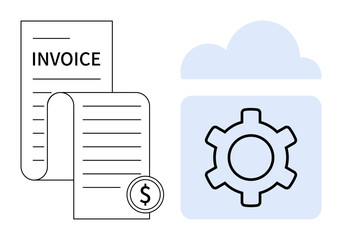 Invoice document with dollar coin beside a gear inside a cloud. Ideal for billing, automation, cloud technology, finance, payment solutions, digital tools, simple landing page