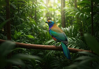 Obraz premium Beautiful bright bird perched on branch surrounded by lush tropical jungle greenery showcasing colorful feathers and natural habitat concept