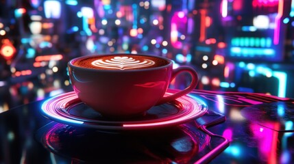 Neon city latte art cafe drink