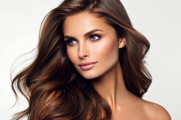 Fototapeta premium A professional photograph of a Caucasian woman with a feminine appearance, likely in her prime years. Her hair is long, with a rich brown hue, and styled in a way that accentuates her facial features.