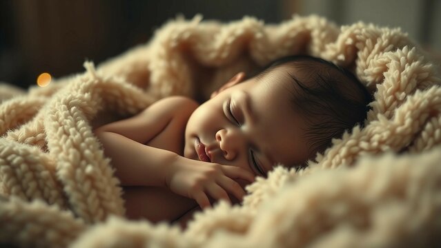 Schlafendes Baby in einer cremefarbenen, flauschigen Decke, friedlicher Schlafmoment mit sanftem Licht und emotionaler W&auml;rme.