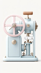 Fototapeta premium A vintage pastel-colored mechanical machine with a hand crank and wooden handle, designed with a minimalist aesthetic on a light background.