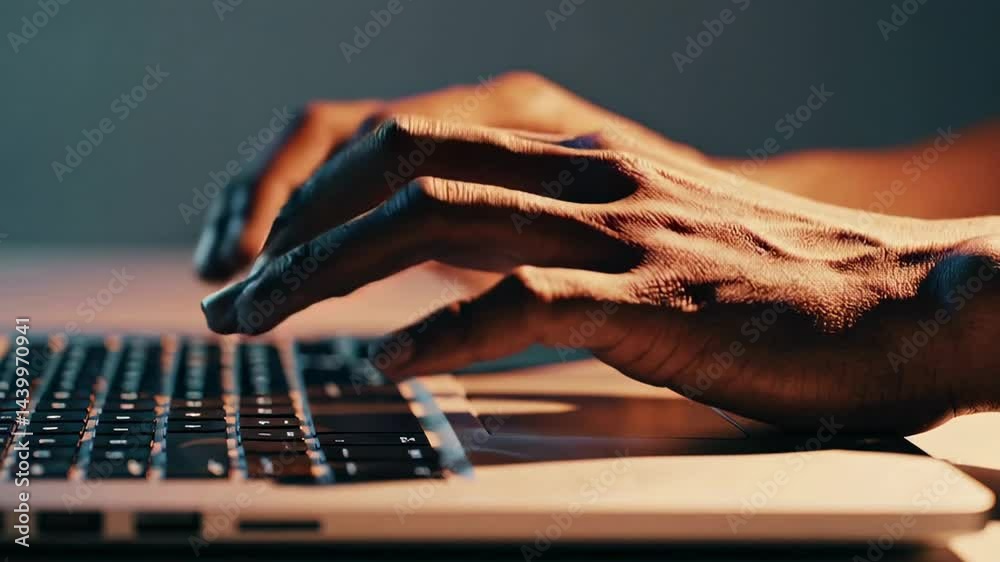Aufkleber Professional programmer typing rapidly on laptop keyboard during late night work session, illuminated by soft digital glow in dimly lit office environment