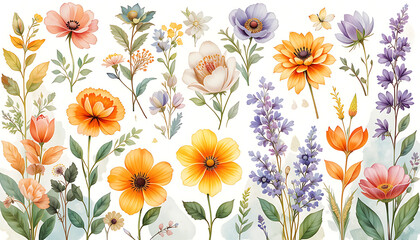 Soft pastel floral illustration featuring blooming flowers on a white background. Perfect for spring designs, wedding invites, or nature-inspired projects.