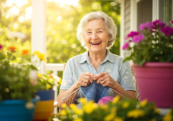 Elderly Woman Enjoying a Sunny Day Knitting