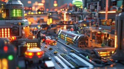 Futuristic city model, night, lights, transport