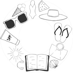Beach essentials circle round frame template for text. Vector graphic line ink illustration. Summer sale promotion round board surrounded by beach objects. for package, cosmetic, textile, cards.