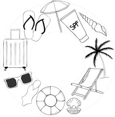 Beach vacation circle round frame template for text. Vector graphic line ink illustration. Black silhouette with place for your text on white background. for banner, poster, brochure, wallpaper.