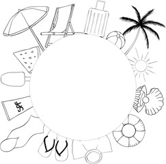Beach vacation circle round frame template for text. Vector graphic line ink illustration. A place for text in the center. Banner template for greeting cards, invitations. For logo, package, sticker.
