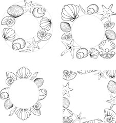 Seashells, starfish set frame template for text. Vector graphic line ink illustration. Marine creatures and shells form a square frame. for package, cosmetic, textile, cards.