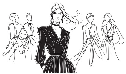 Fashion model silhouettes sketch. Girls in dress flutters in the wind