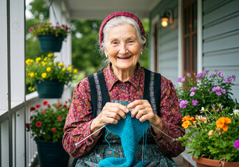 Elderly Woman Enjoying a Sunny Day Knitting