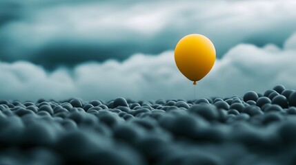 Soaring Above the Ordinary: An eye-level shot of a vibrant yellow balloon ascends through a sea of dark, swirling clouds, evoking a sense of liberation and hope.