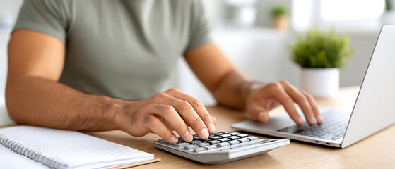 A person is working at a desk with a laptop, calculator, and notepad, focusing on calculations and notes.