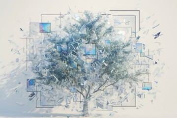 Shattered screens form a tree, symbolizing digital fragmentation or interconnectedness