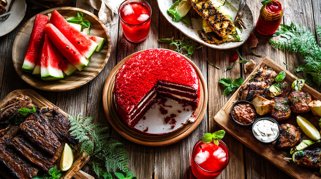 Traditional Juneteenth food assortment on rustic wooden table, top view