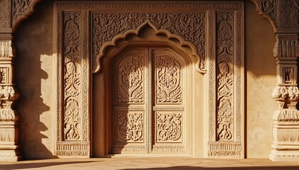 An intricately carved archway with a latticed door and ornate columns in warm indoor lighting.