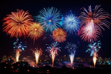 Spectacular fireworks display illuminating the night sky over a cityscape.