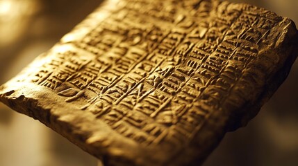 A close-up of an ancient clay tablet with carved symbols.