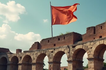 A tattered banner flapping above a broken Roman amphitheater arch.
