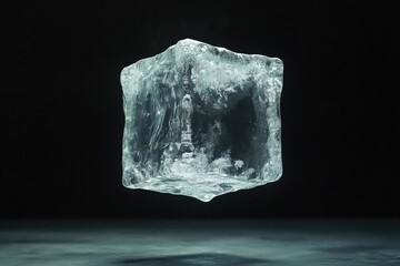 A large, translucent ice cube hovers against a dark background, showcasing its intricate internal structure and frozen beauty.