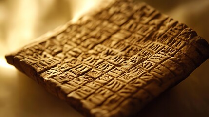 A close-up of an ancient clay tablet with carved symbols.