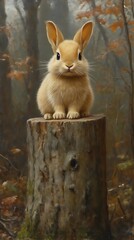 Fototapeta premium Rabbit Sitting on Tree Stump in Autumn Forest Illustration