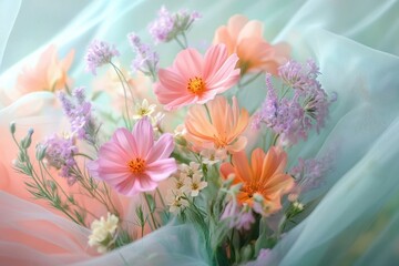 Delicate pastel cosmos and wildflowers arranged in soft, flowing fabric.