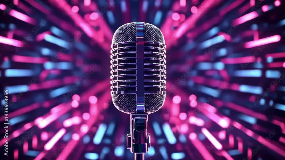 Poster gleaming vintage microphone resting on rustic wooden stage, positioned against shadowy dark backdrop